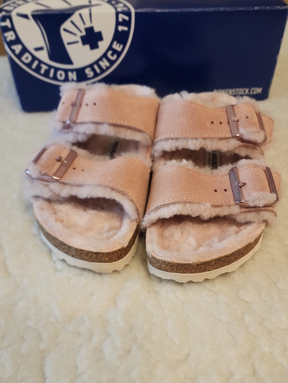 Birkenstock Arizona Shearling Lambskin Lined Slides Light Rose Sz 7 - Picture 2 of 7